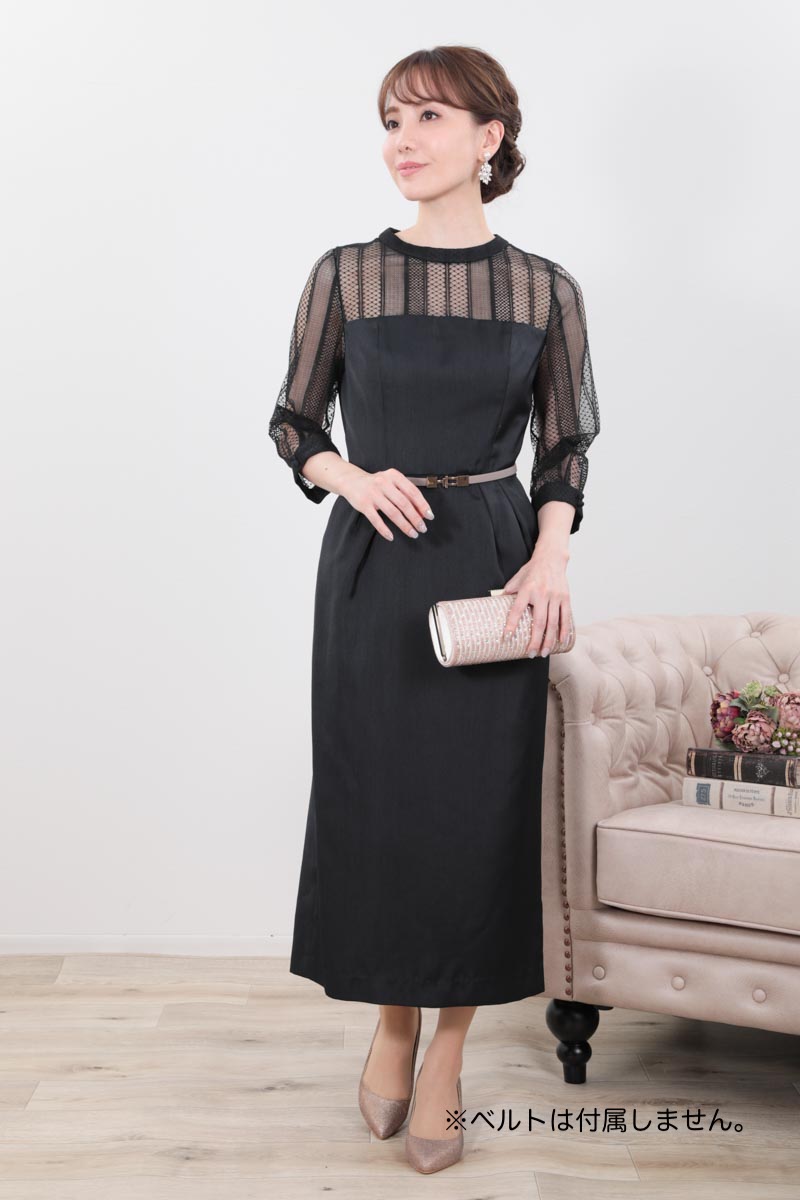 ブラックのストライプレース切替コクーンドレス