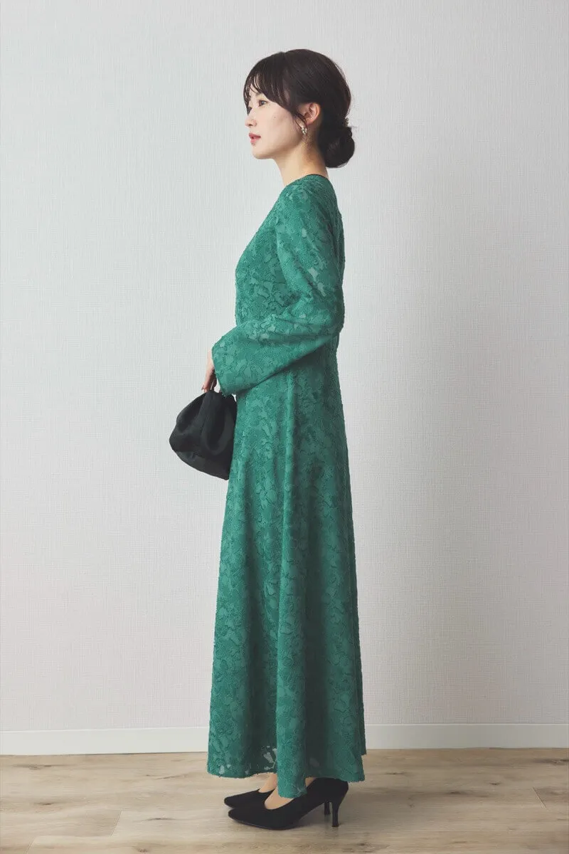 グリーンのジャガードフレアドレス