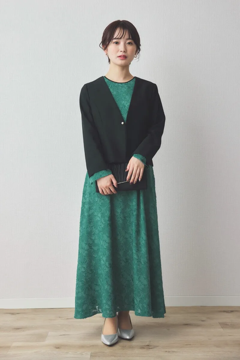 グリーンのジャガードフレアドレス