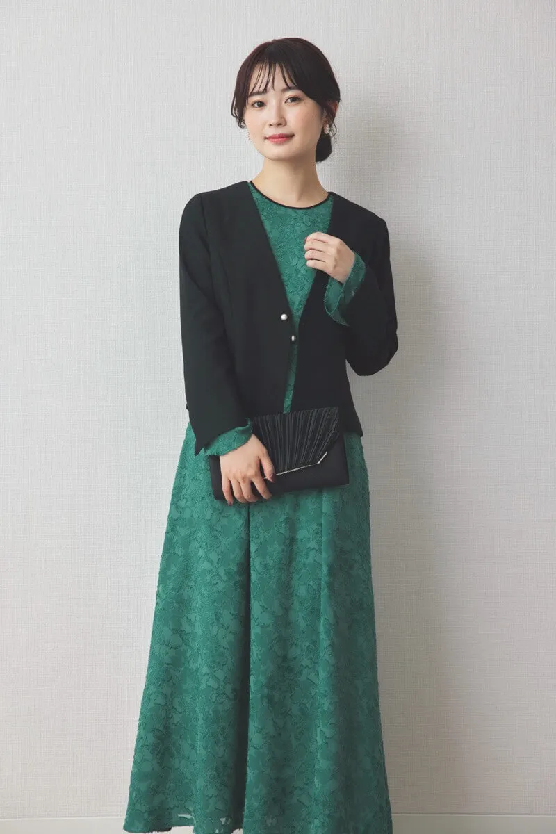 グリーンのジャガードフレアドレス