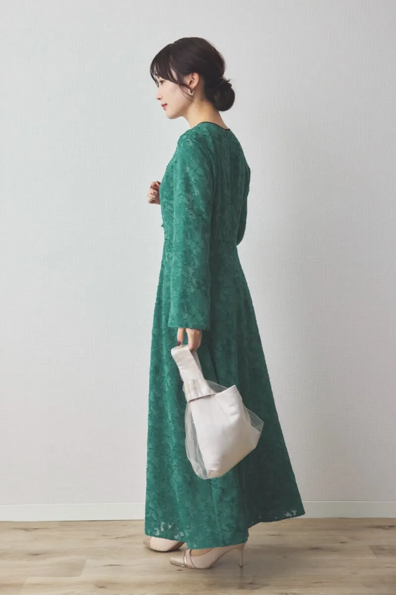 グリーンのジャガードフレアドレス