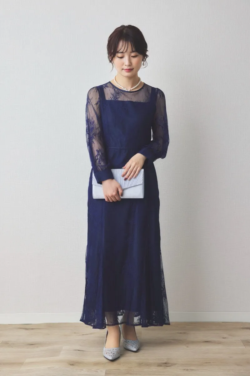 ネイビーのバックリボン総レースドレス