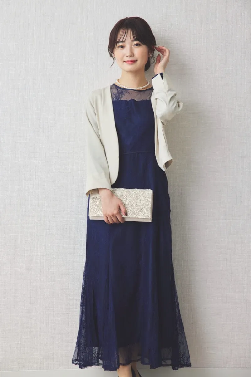 ネイビーのバックリボン総レースドレス