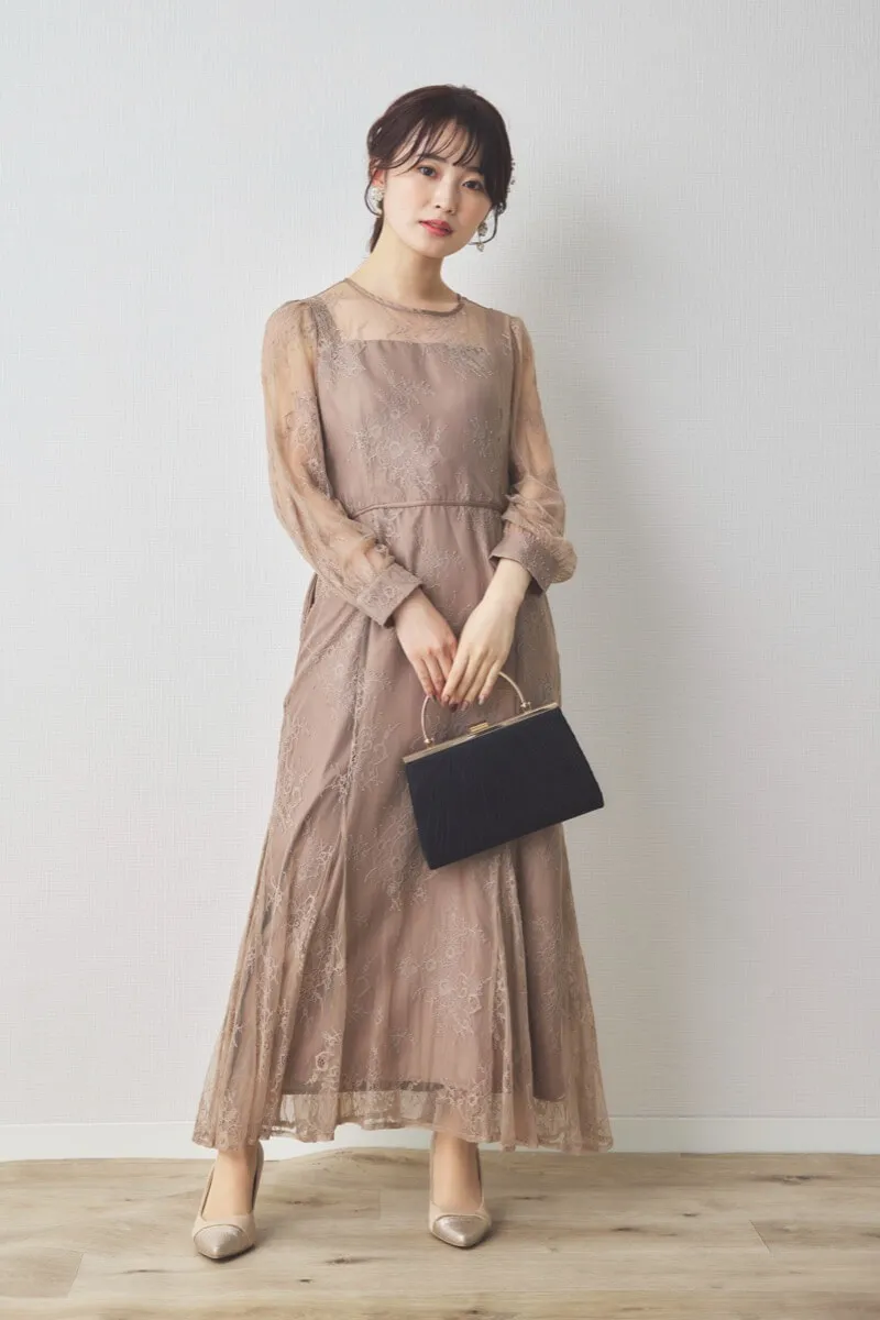 モカのバックリボン総レースドレス