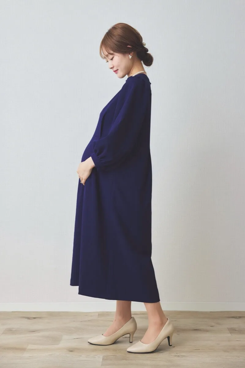ネイビーのパフスリーブIラインワンピース
