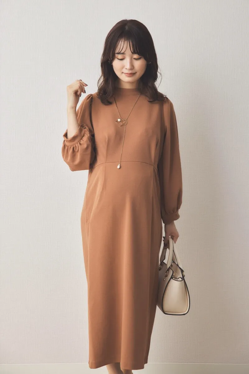 ブラウンのパフスリーブIラインワンピース