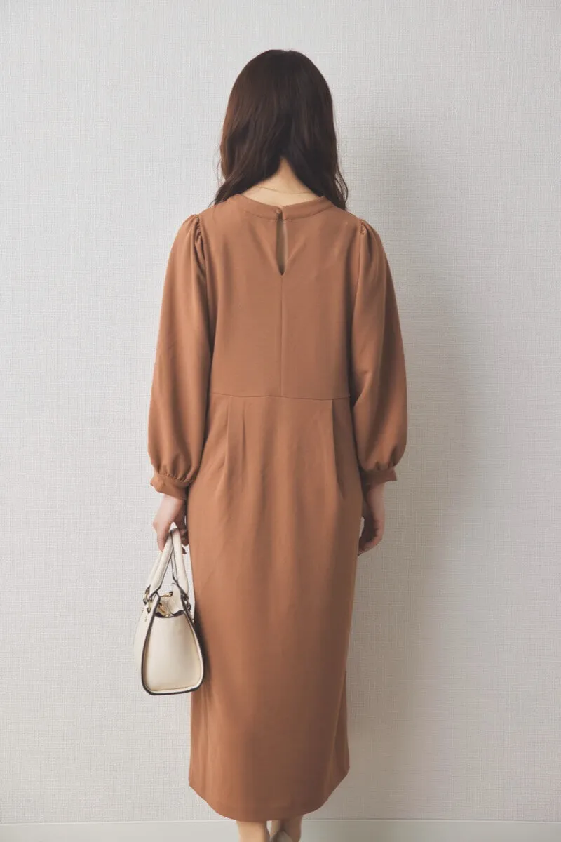 ブラウンのパフスリーブIラインワンピース