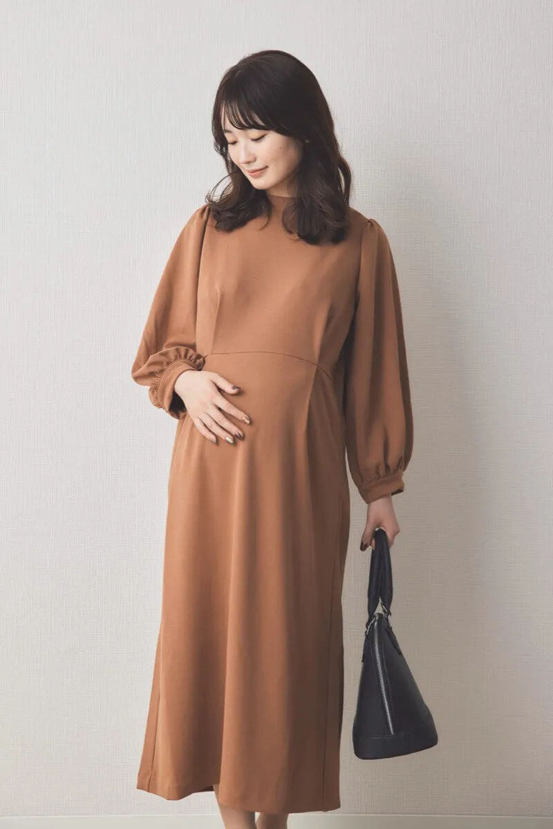 ブラウンのパフスリーブIラインワンピース