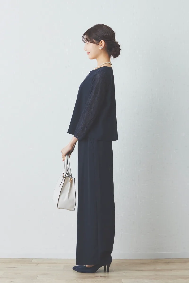 ネイビーのレース袖ワイドパンツセレモニースーツセット