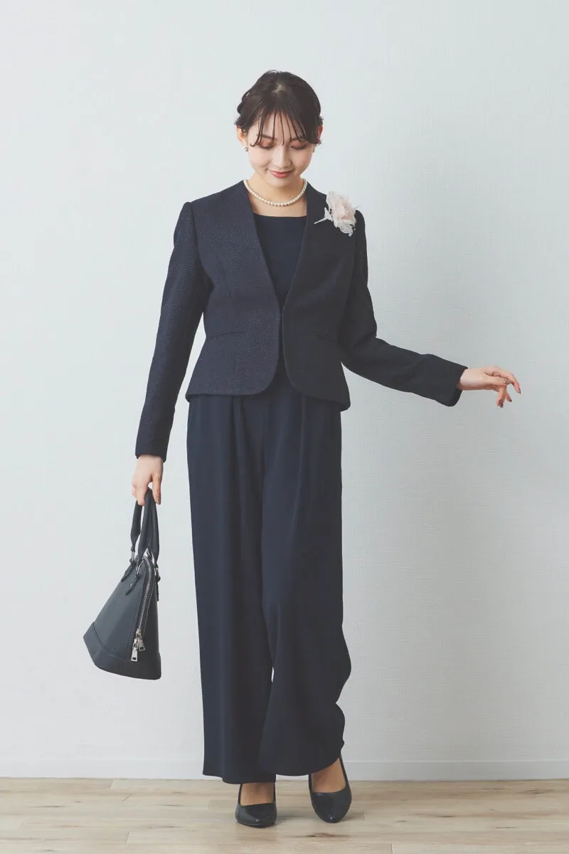 ネイビーのレース袖ワイドパンツセレモニースーツセット
