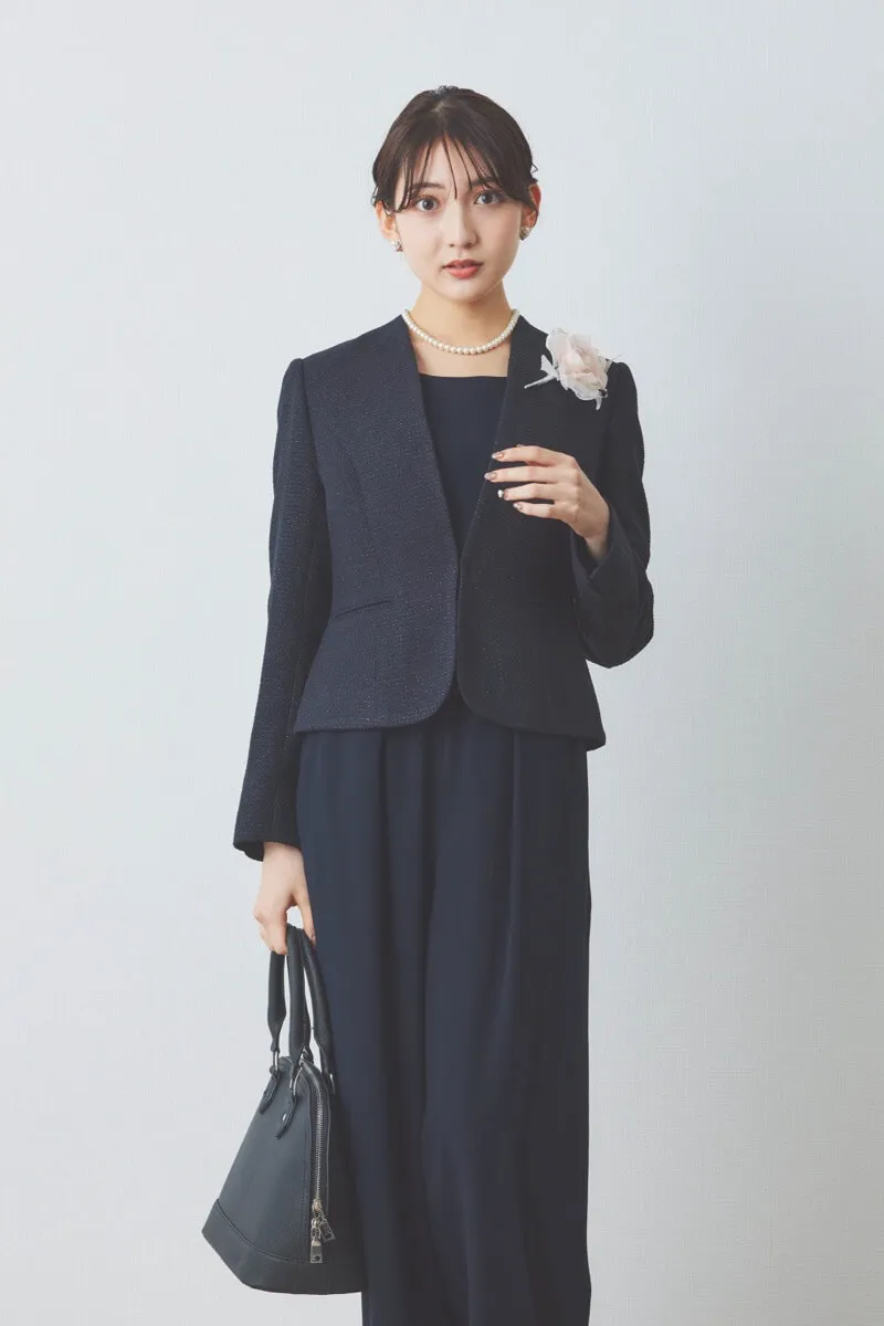 ネイビーのレース袖ワイドパンツセレモニースーツセット