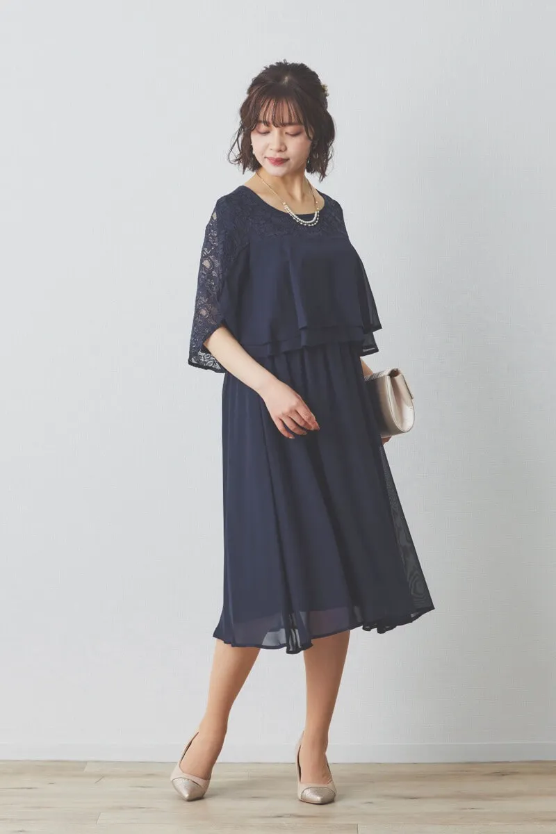 ネイビーの授乳口付スリットスリーブショート丈ドレス