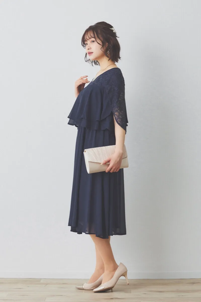 ネイビーの授乳口付スリットスリーブショート丈ドレス