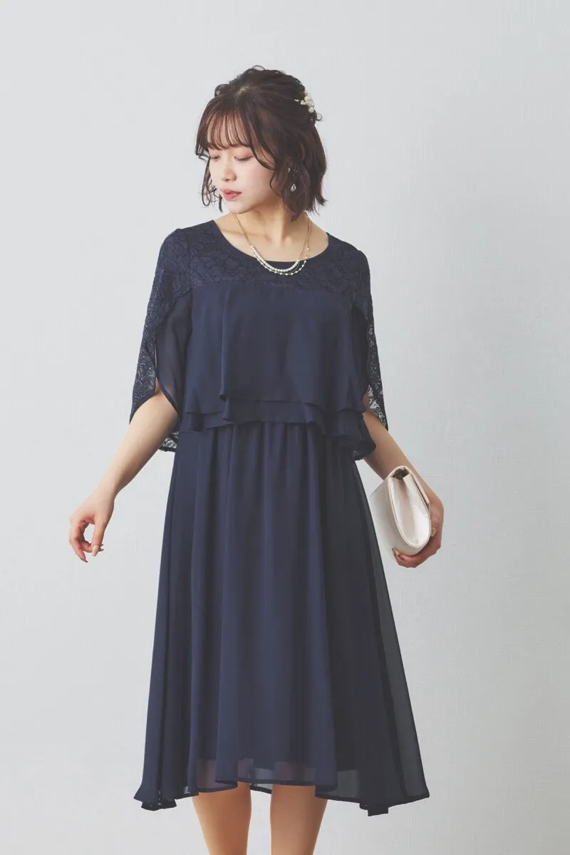 ネイビーの授乳口付スリットスリーブショート丈ドレス