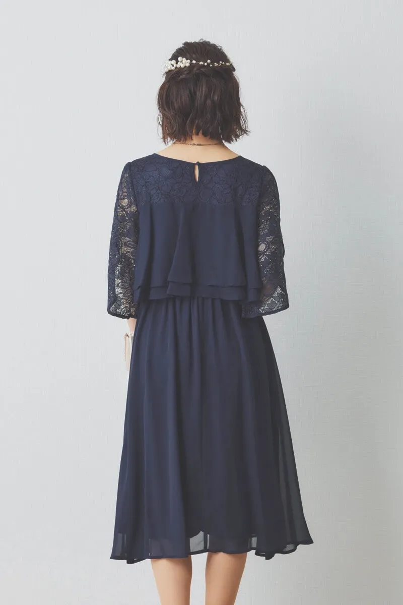 ネイビーの授乳口付スリットスリーブショート丈ドレス