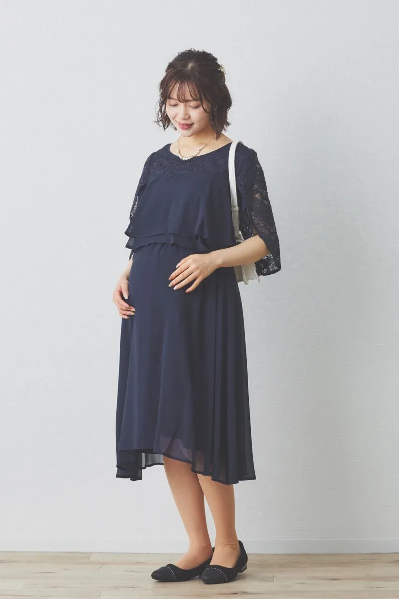 ネイビーの授乳口付スリットスリーブショート丈ドレス