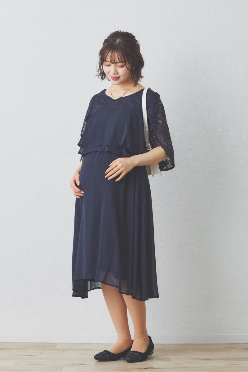 ネイビーの授乳口付スリットスリーブショート丈ドレス