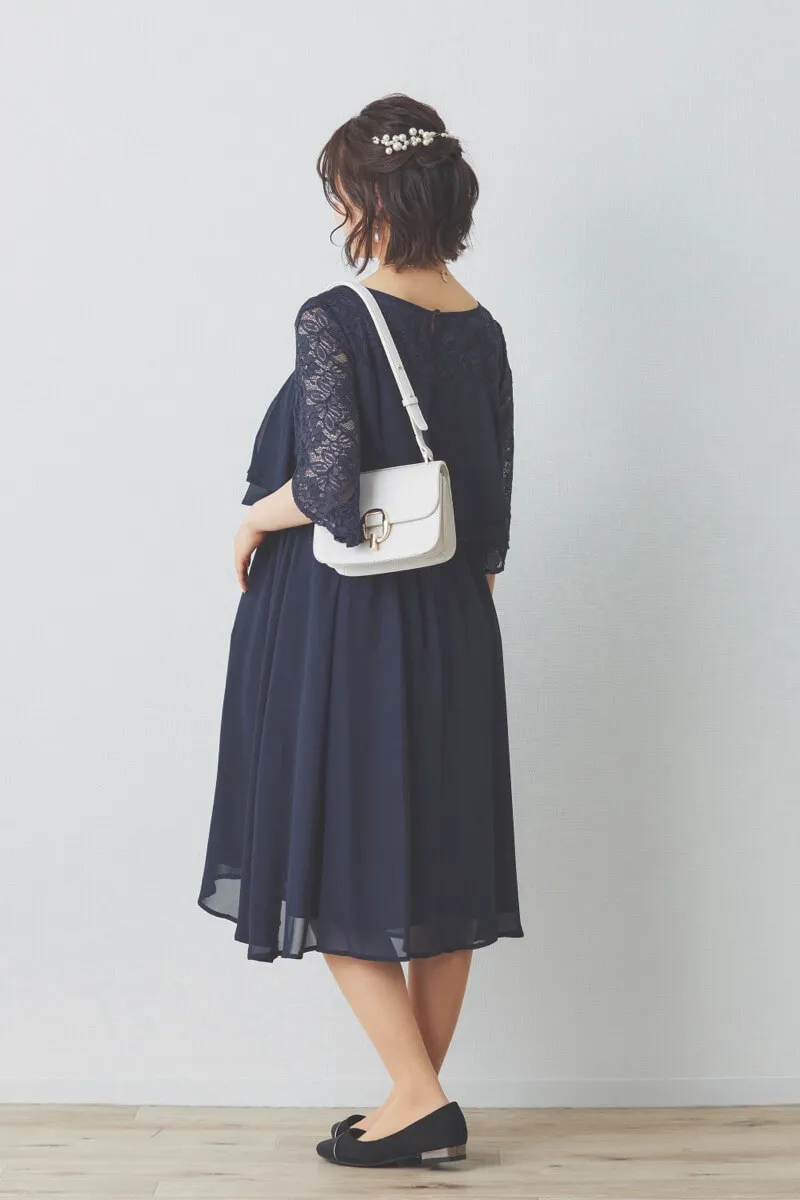 ネイビーの授乳口付スリットスリーブショート丈ドレス