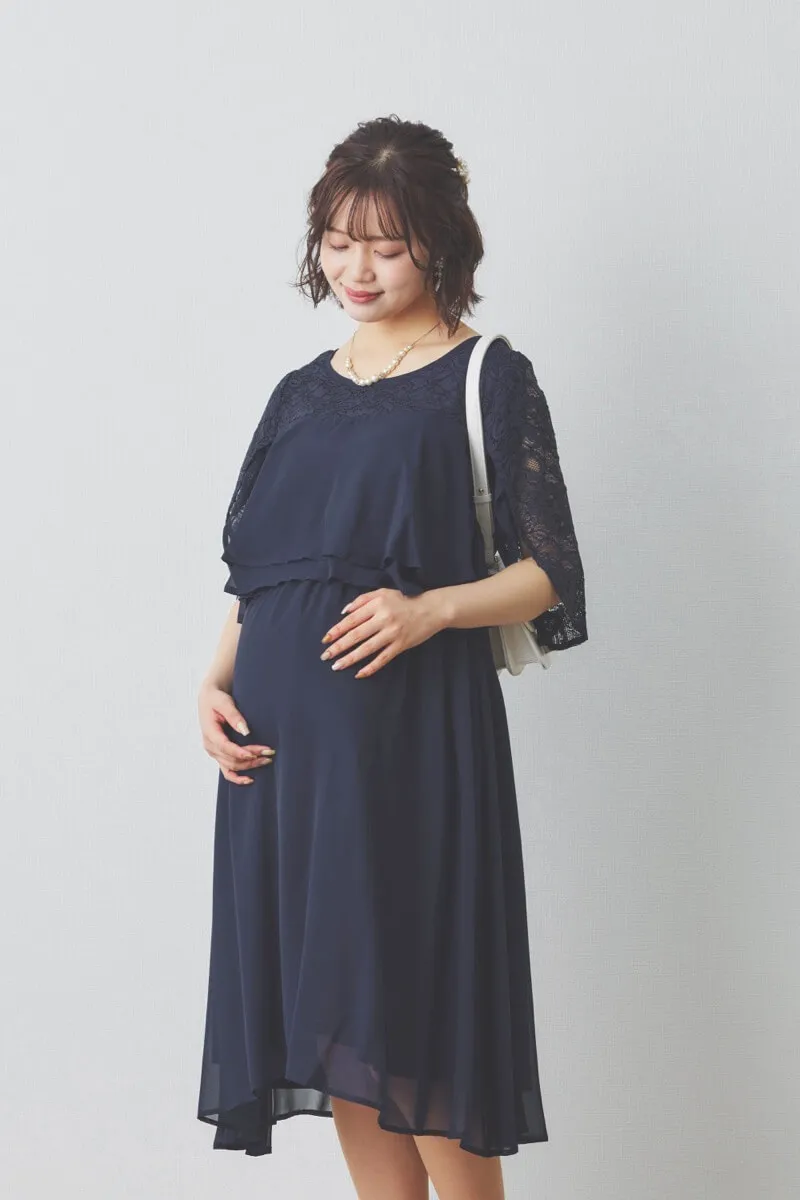 ネイビーの授乳口付スリットスリーブショート丈ドレス