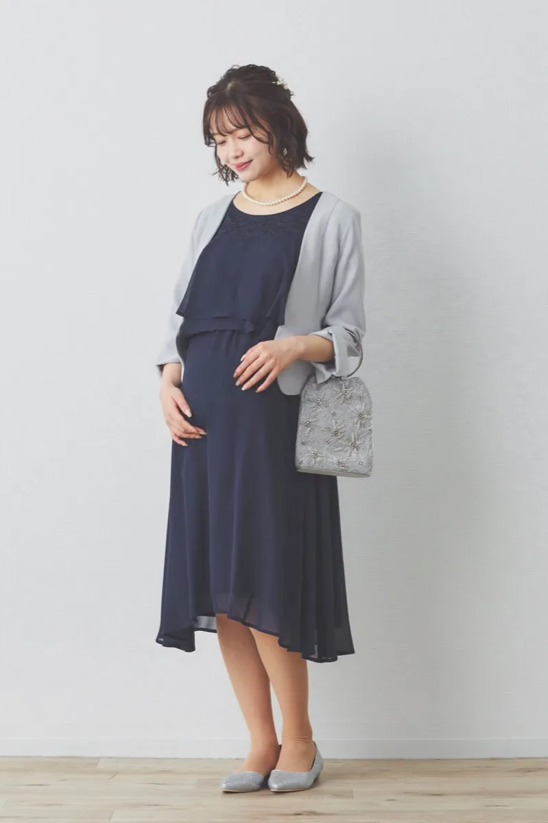 ネイビーの授乳口付スリットスリーブショート丈ドレス