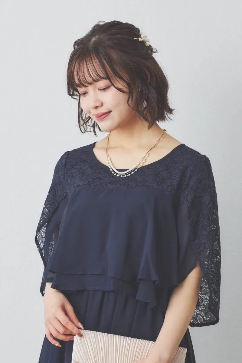 ネイビーの授乳口付スリットスリーブショート丈ドレス