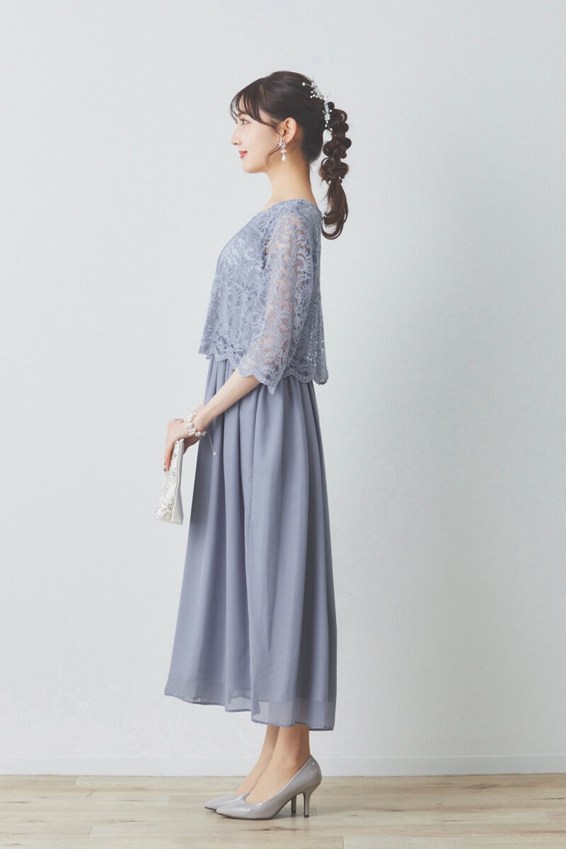 ブルーグレーのレース×シフォンの授乳口付きドレス