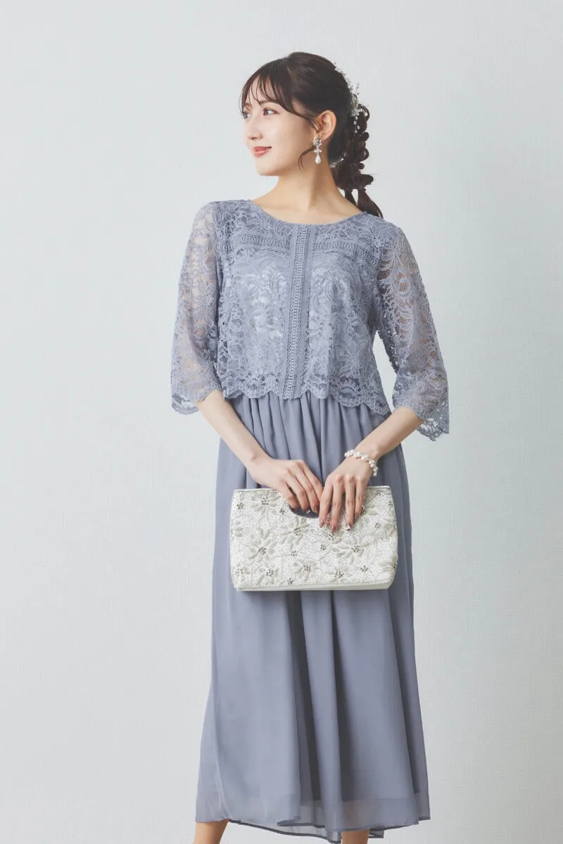 ブルーグレーのレース×シフォンの授乳口付きドレス