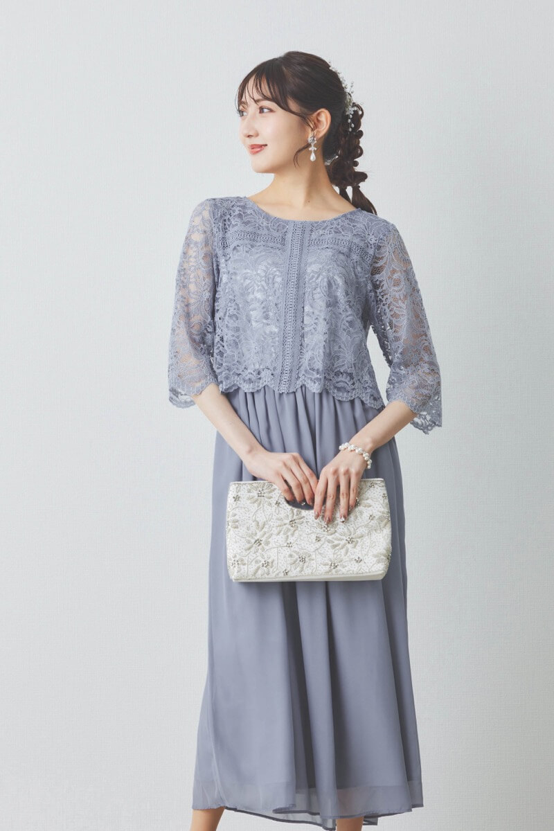 ブルーグレーのレース×シフォンの授乳口付きドレス