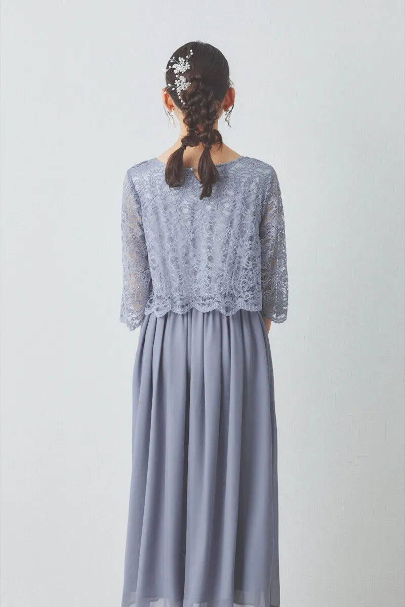 ブルーグレーのレース×シフォンの授乳口付きドレス