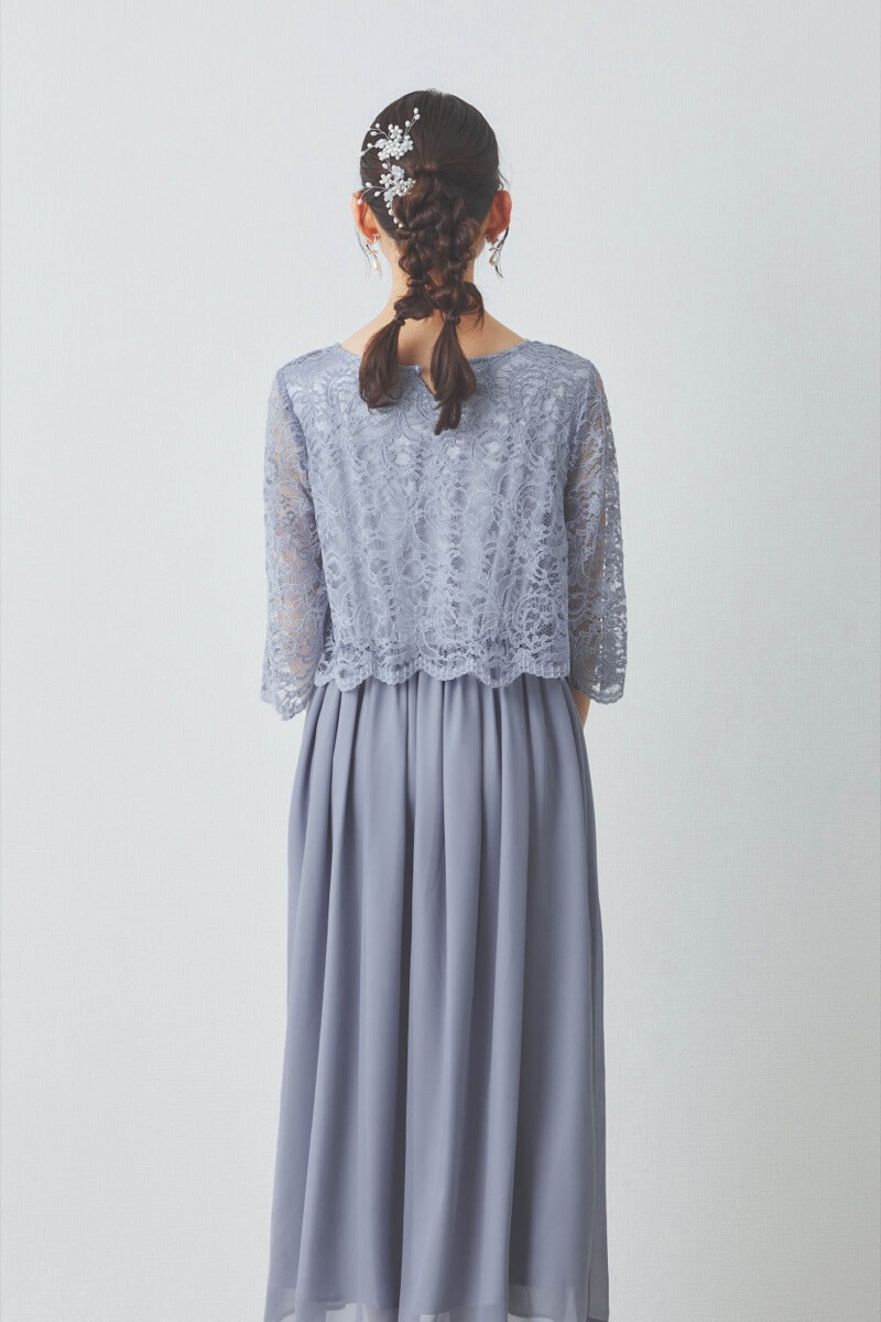 ブルーグレーのレース×シフォンの授乳口付きドレス