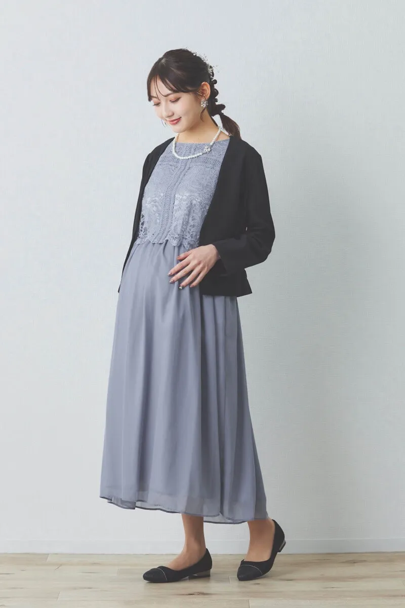 ブルーグレーのレース×シフォンの授乳口付きドレス