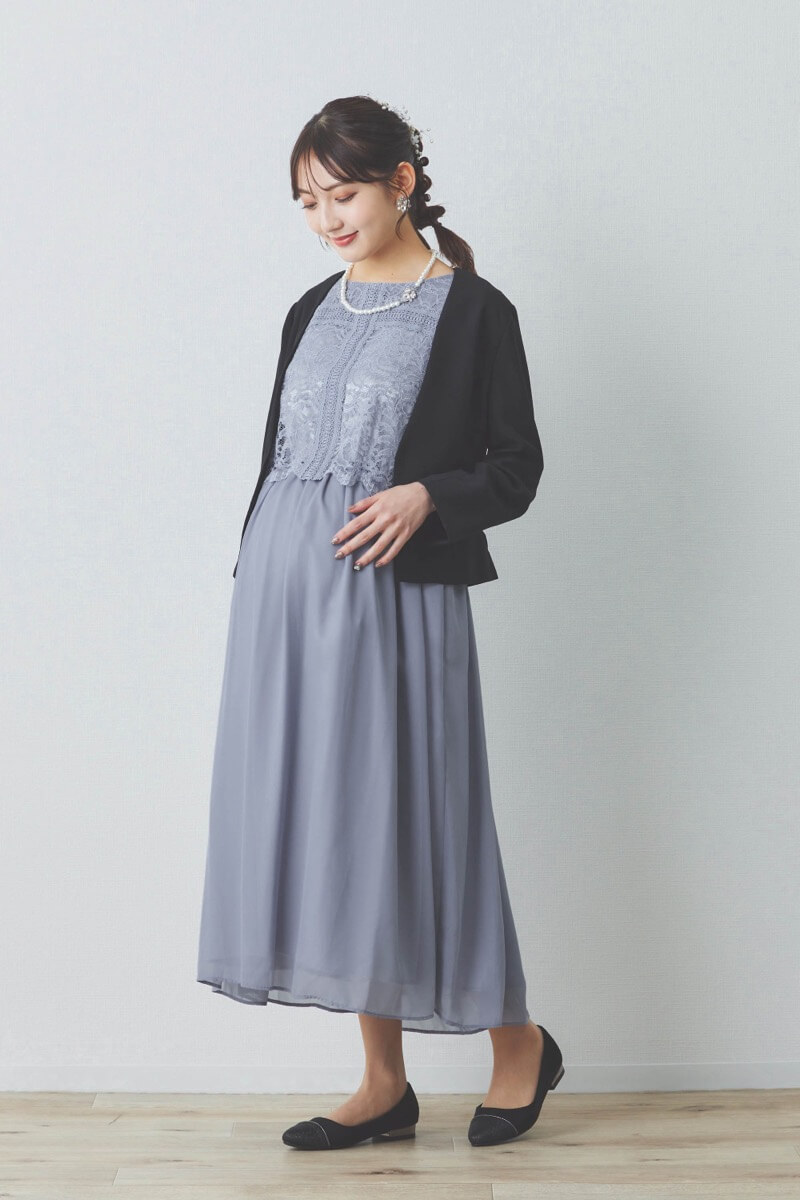 ブルーグレーのレース×シフォンの授乳口付きドレス