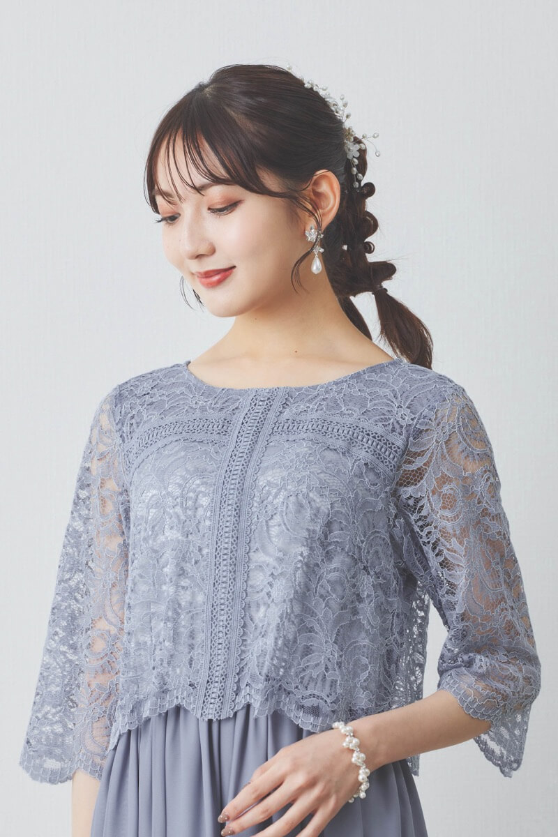 ブルーグレーのレース×シフォンの授乳口付きドレス