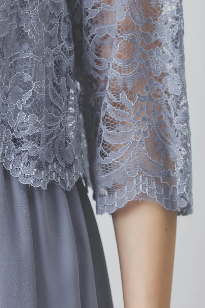 ブルーグレーのレース×シフォンの授乳口付きドレス