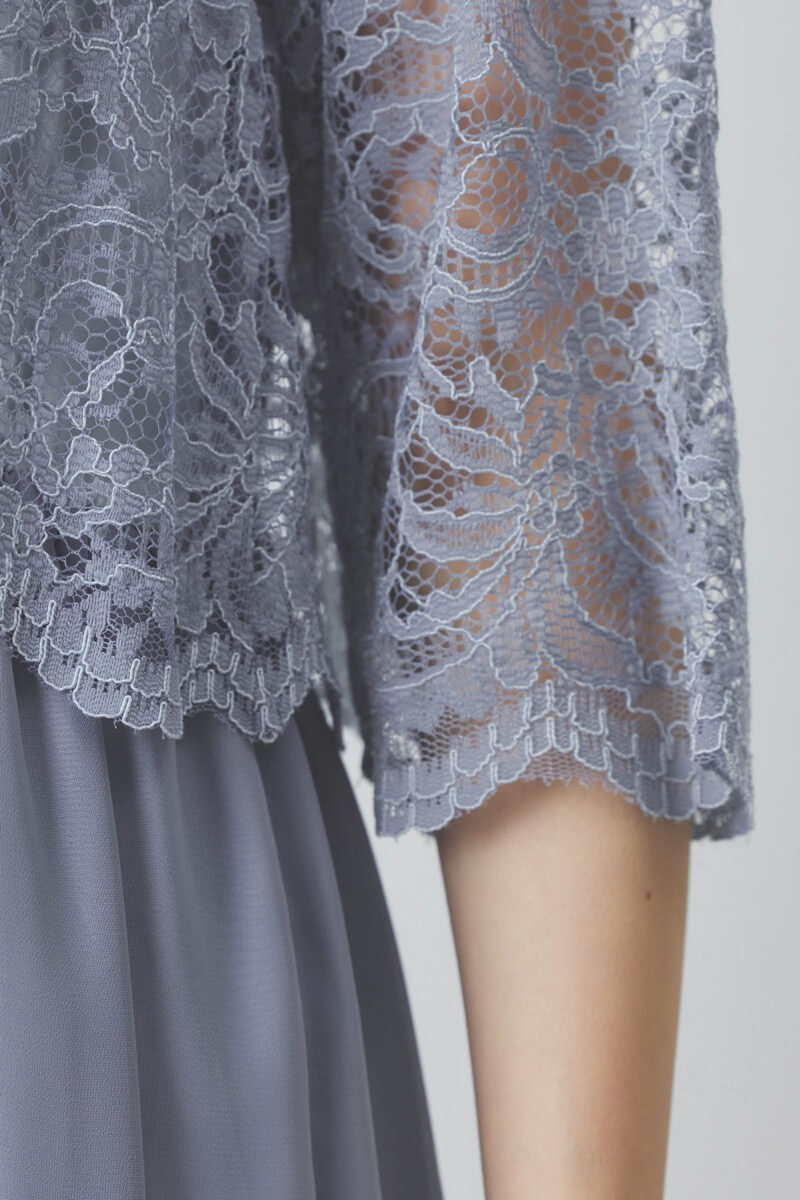 ブルーグレーのレース×シフォンの授乳口付きドレス
