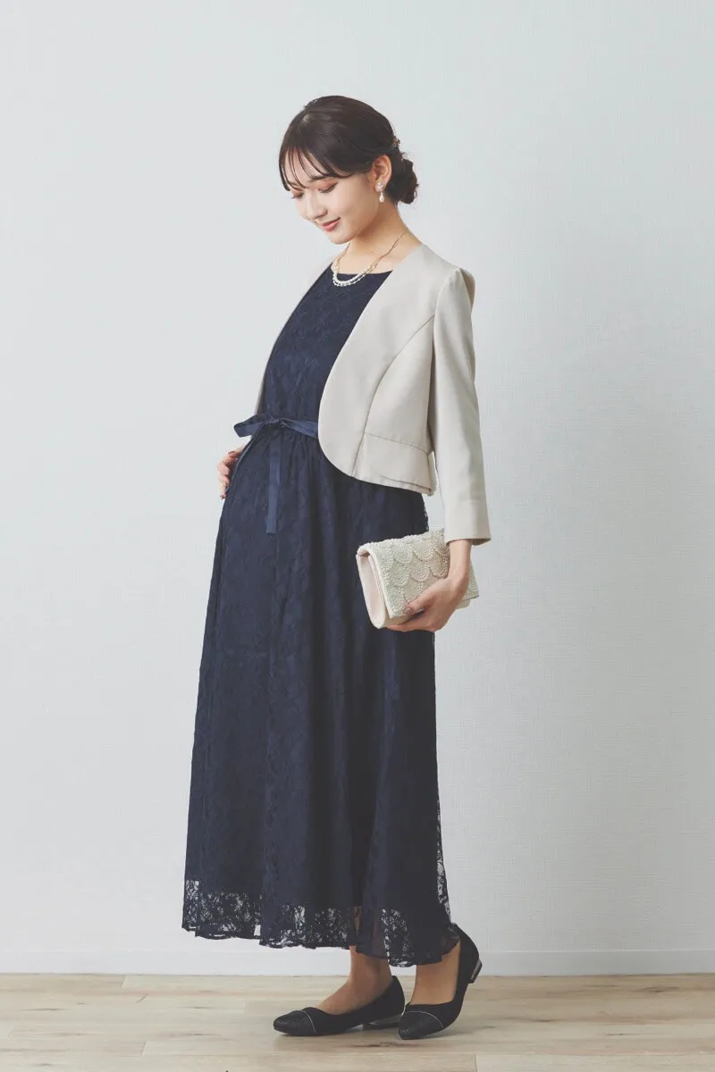 ネイビーの授乳口付き総レースドレス