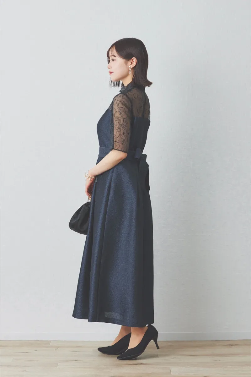 ネイビーのフロッキー×ジャガードドレス