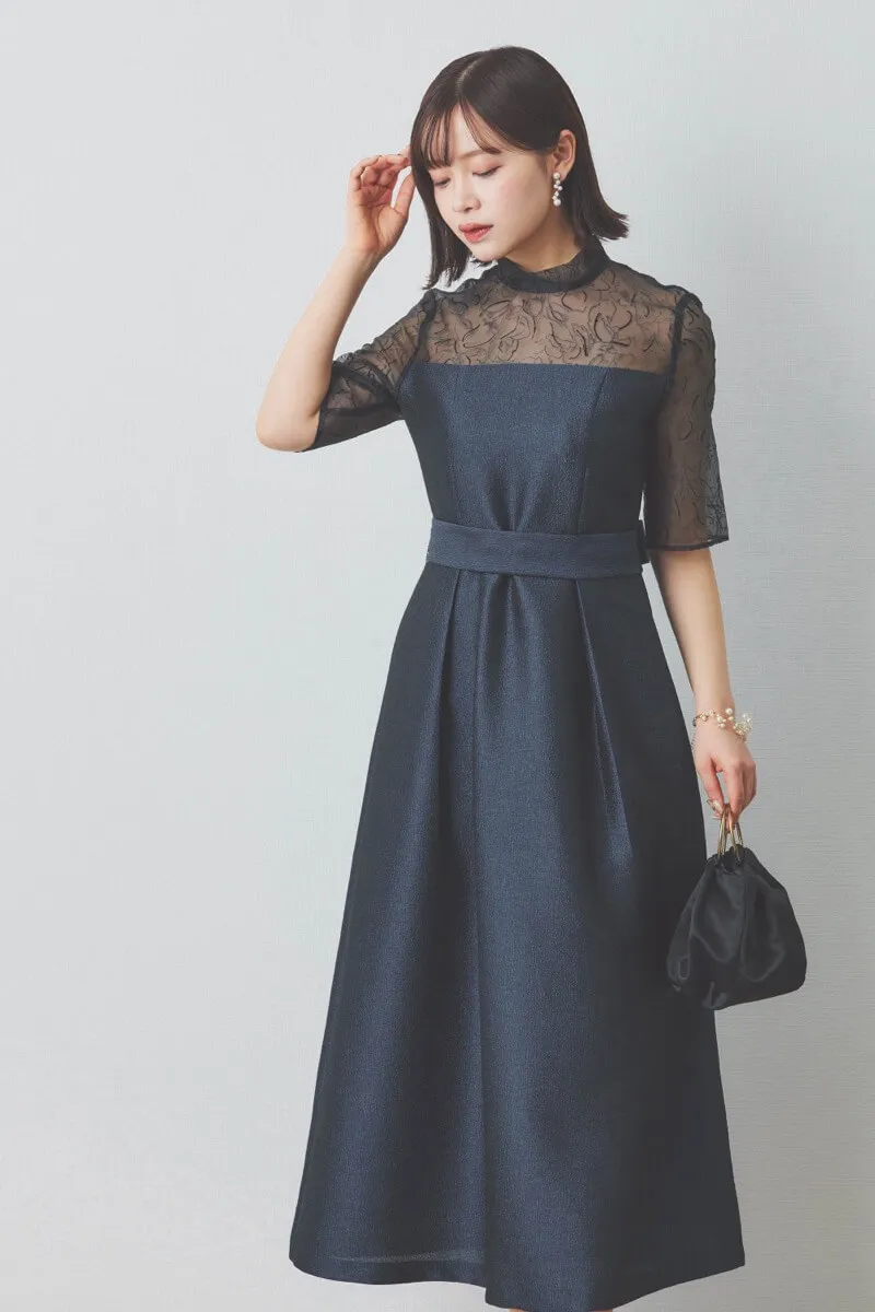 ネイビーのフロッキー×ジャガードドレス