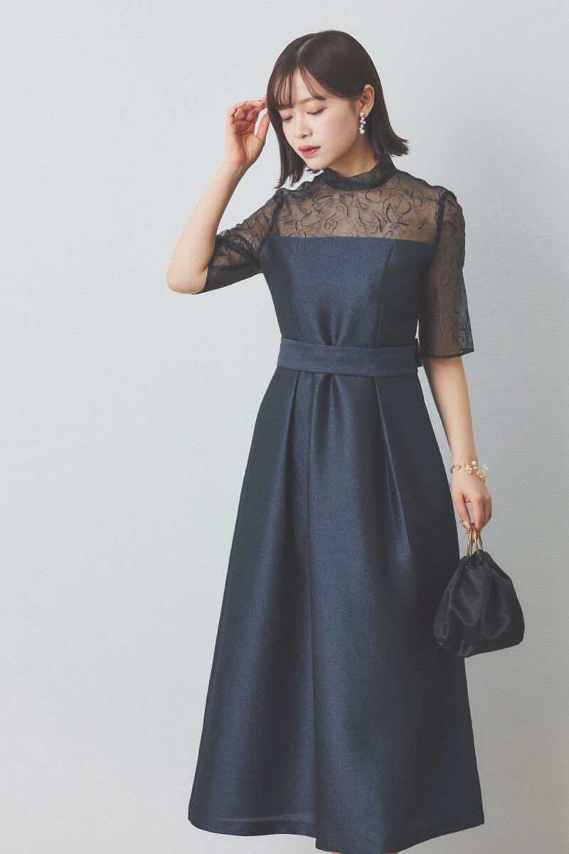 ネイビーのフロッキー×ジャガードドレス