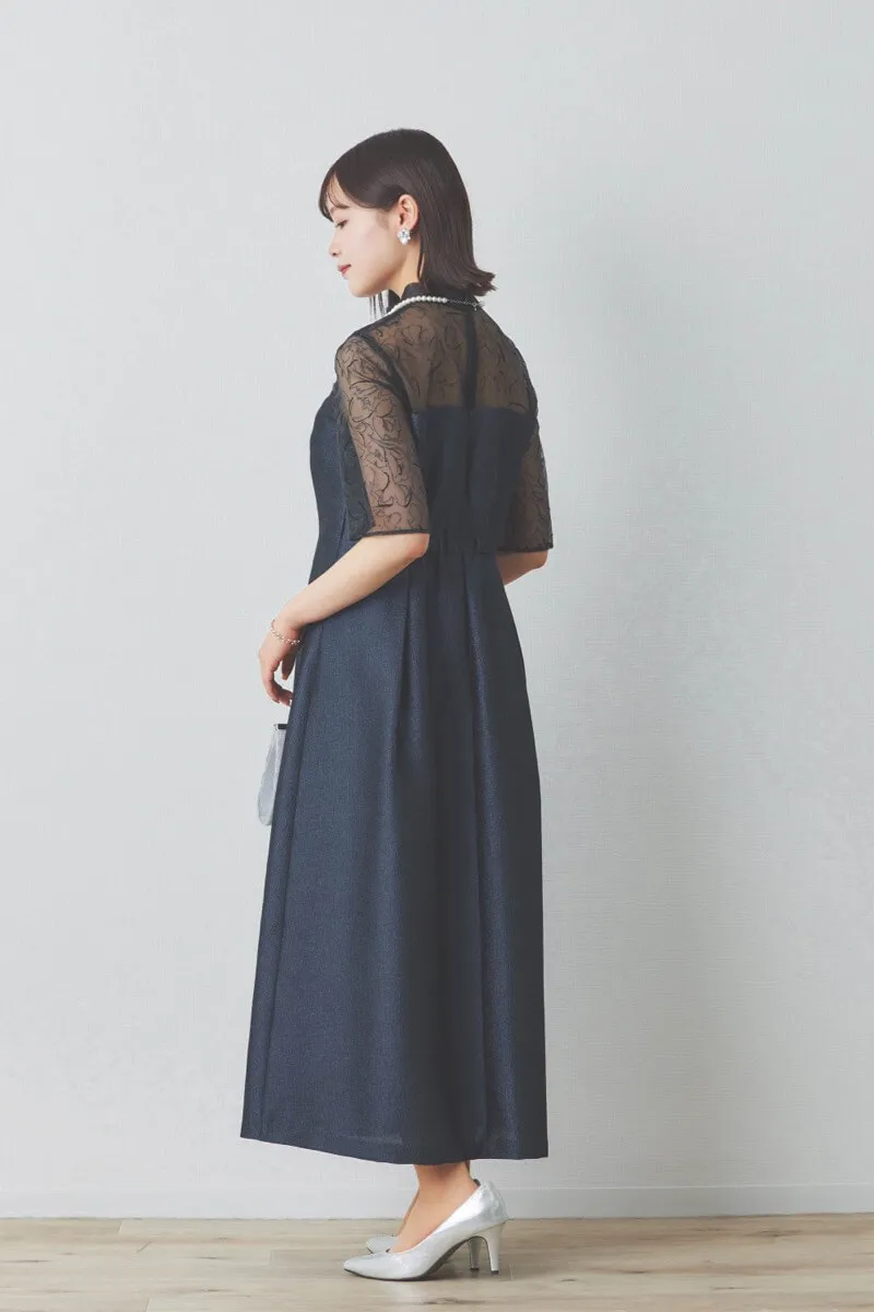 ネイビーのフロッキー×ジャガードドレス