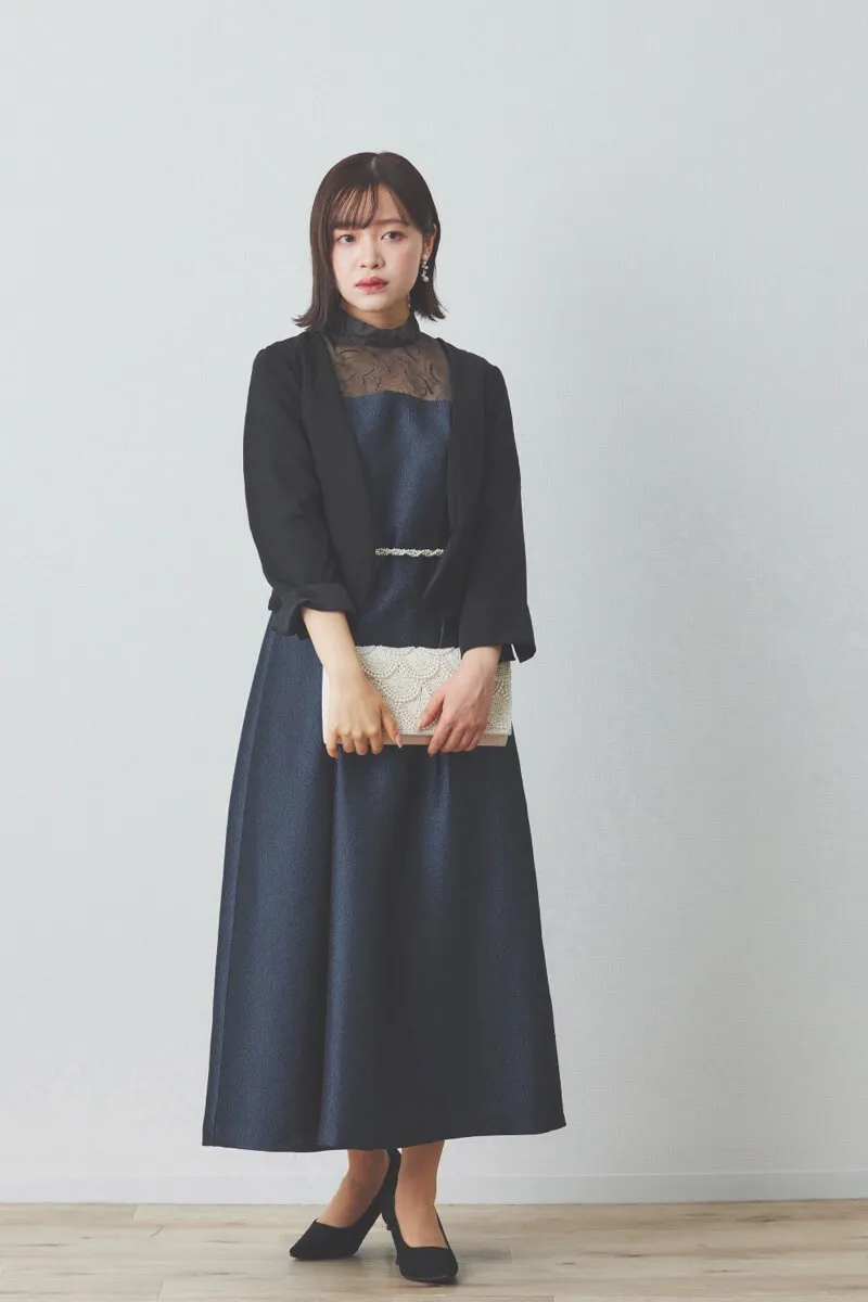 ネイビーのフロッキー×ジャガードドレス