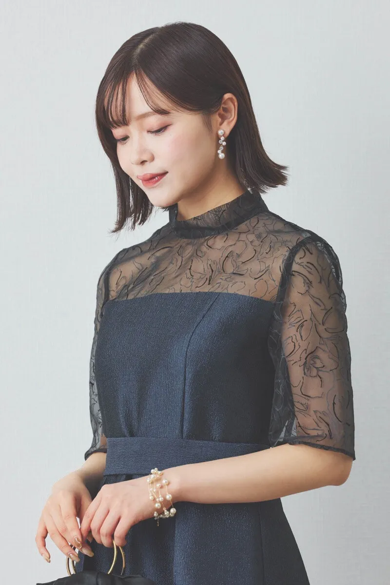 ネイビーのフロッキー×ジャガードドレス