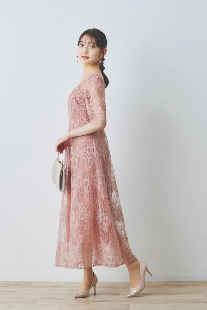 サーモンピンクのスパンコールアネモネドレス