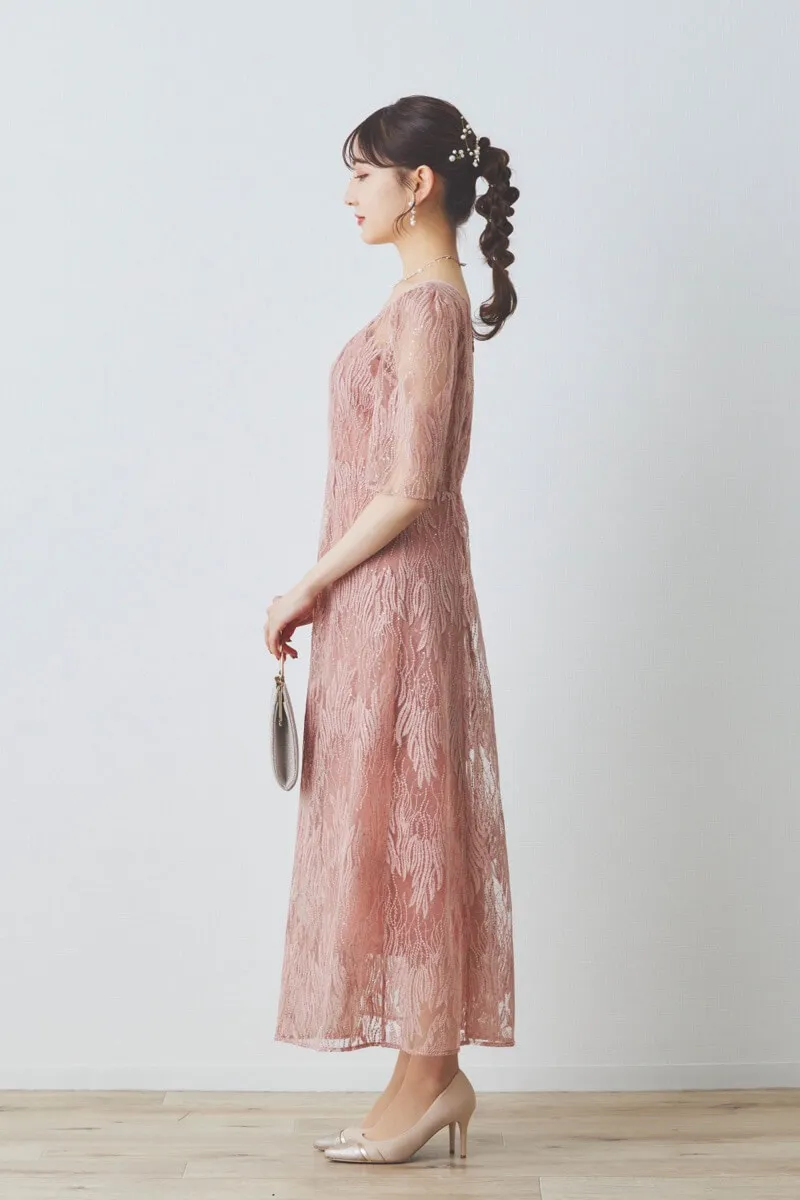 サーモンピンクのスパンコールアネモネドレス
