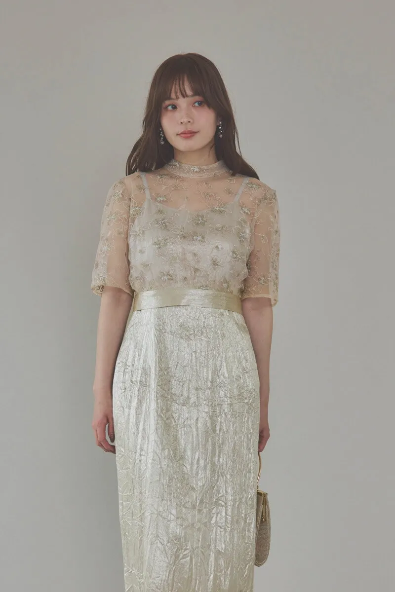 ベージュの刺繍トップス付きシャイニードレス
