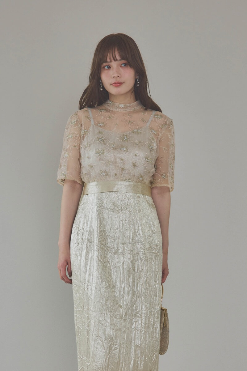 ベージュの刺繍トップス付きシャイニードレス