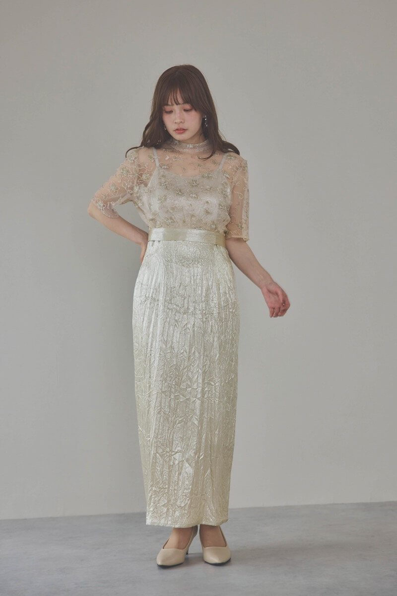 ベージュの刺繍トップス付きシャイニードレス