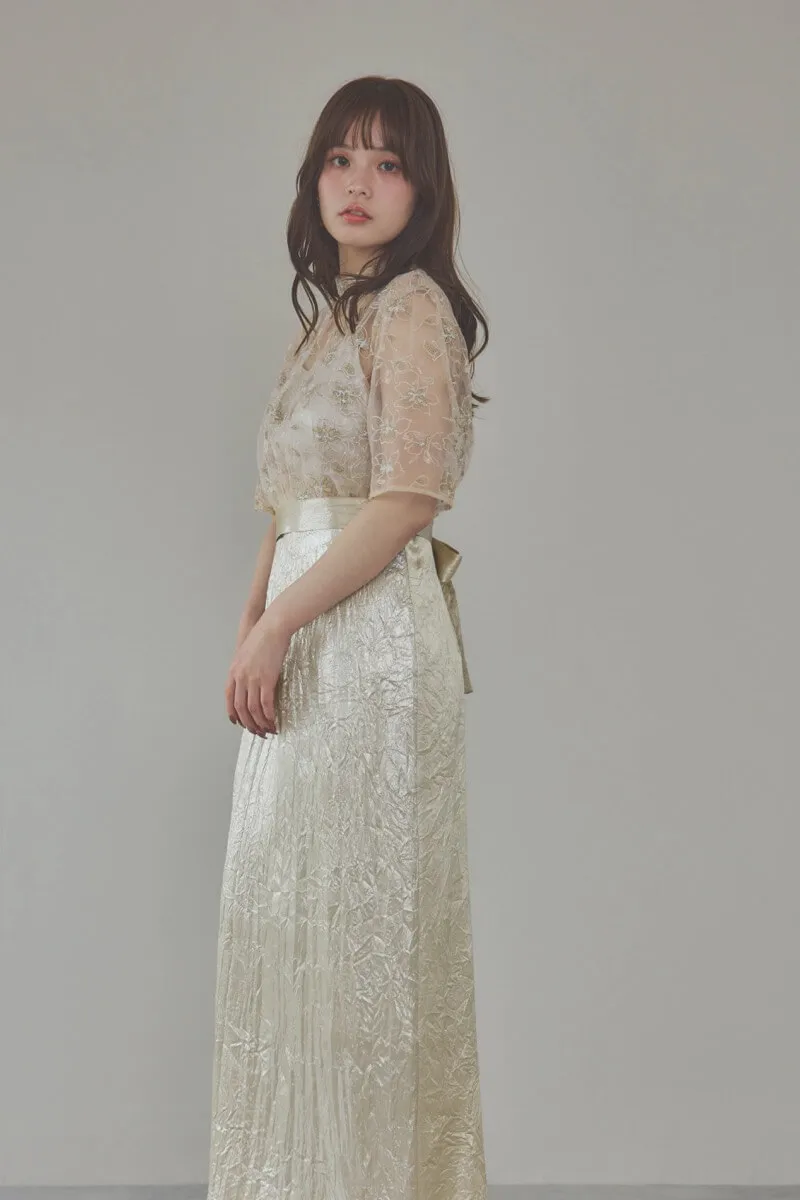 ベージュの刺繍トップス付きシャイニードレス