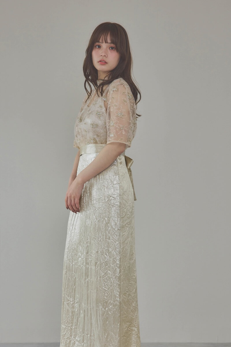 ベージュの刺繍トップス付きシャイニードレス