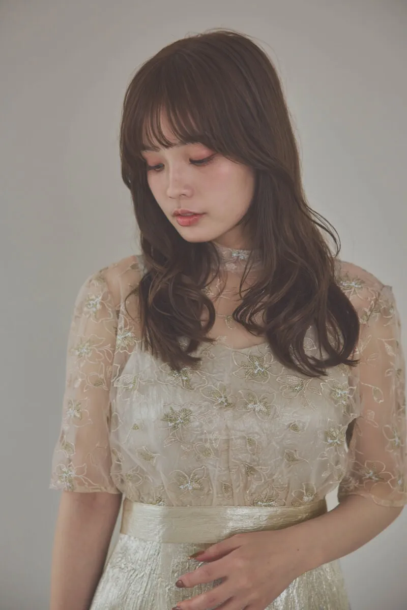 ベージュの刺繍トップス付きシャイニードレス